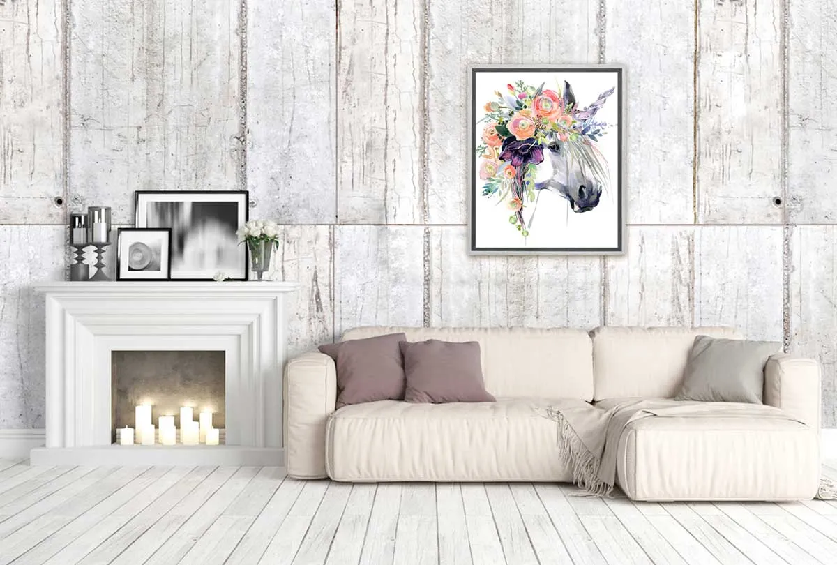 A Unicorn with Flowers | Kids Wall Art Print