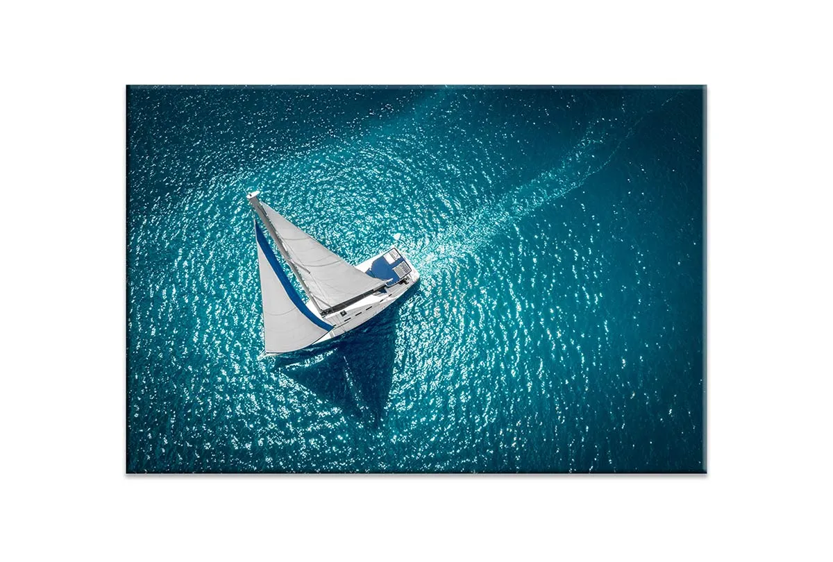 Aerial White Yacht on Turquoise Sea | Canvas Wall Art Print