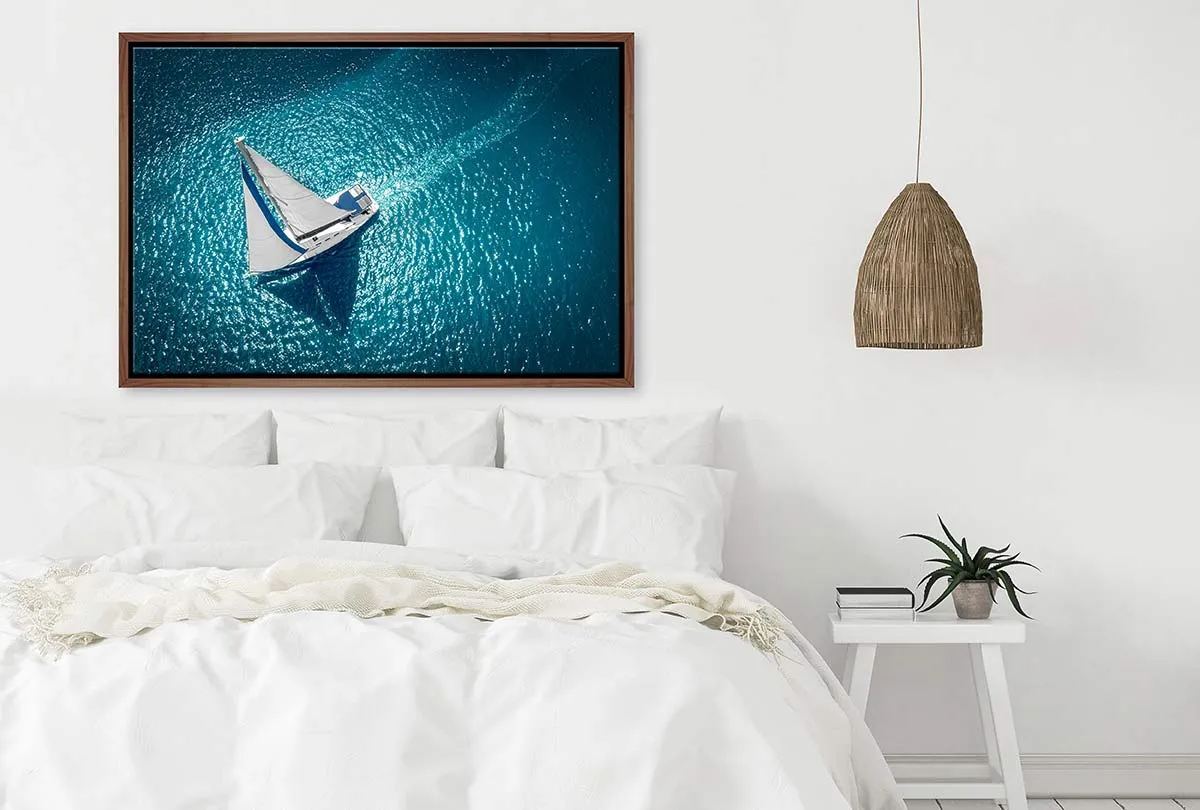 Aerial White Yacht on Turquoise Sea | Canvas Wall Art Print