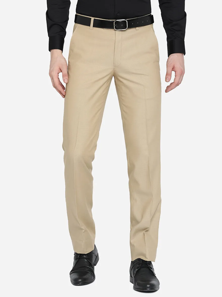 Beige Solid Slim Fit Formal Trouser | Metal