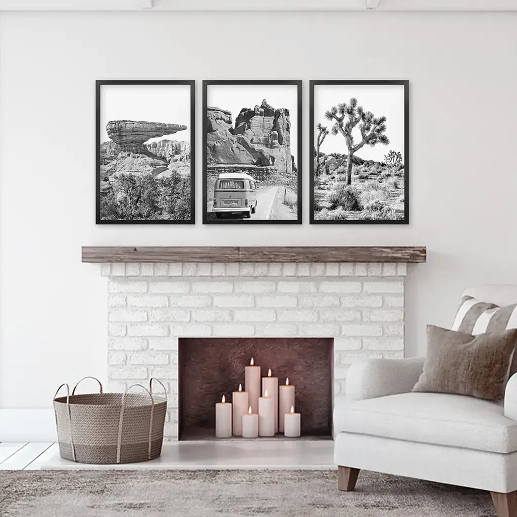 Black White Desert Nature Wall Art Set. Cliff, Van, Tree