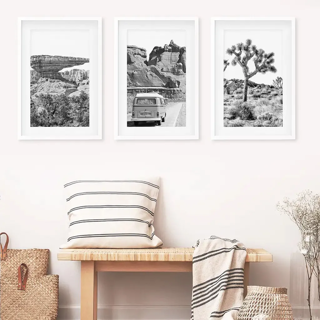 Black White Desert Nature Wall Art Set. Cliff, Van, Tree