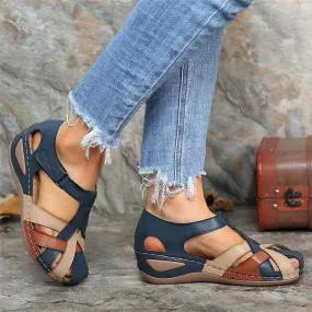 Ladies Retro Round Toe Cross Buckle Sandals