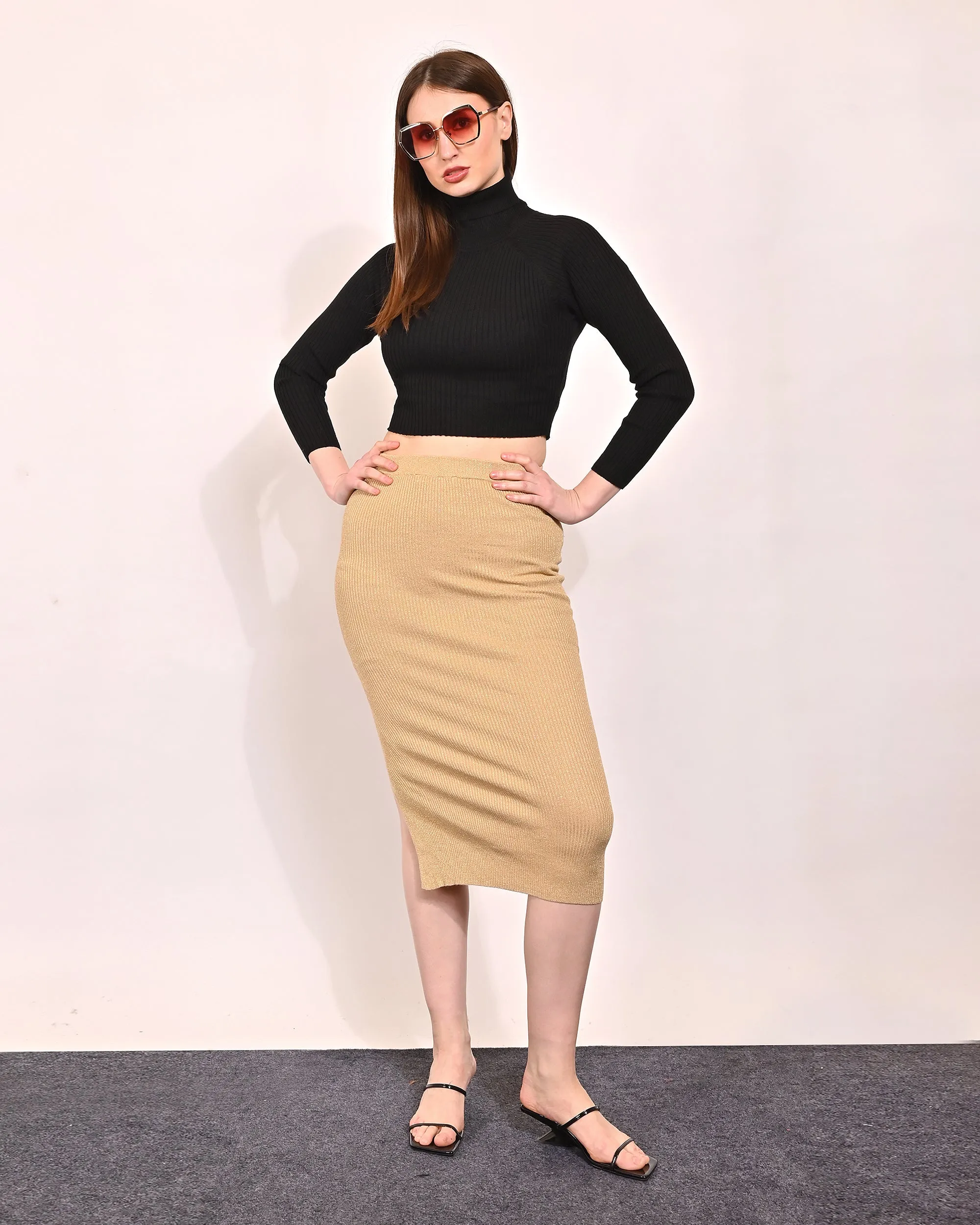 Women Gold Midi Pencil Skirt