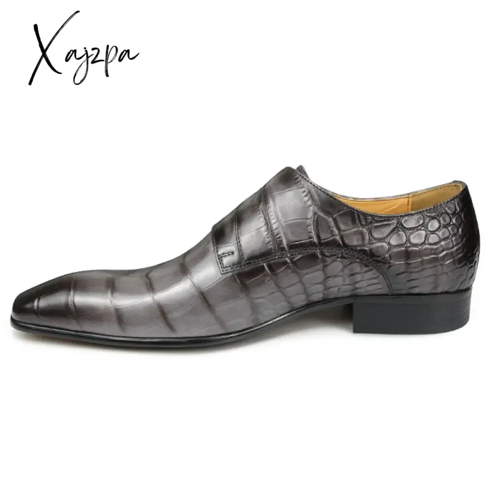 Xajzpa - Fashion Business Men Leather Shoes Crocodile Print Wedding Party Office High Grade Genuine Leather Shoes Grey Pointed Toe Loafer