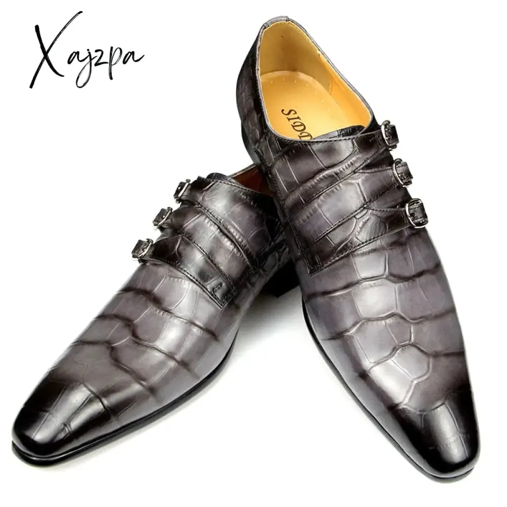 Xajzpa - Fashion Business Men Leather Shoes Crocodile Print Wedding Party Office High Grade Genuine Leather Shoes Grey Pointed Toe Loafer