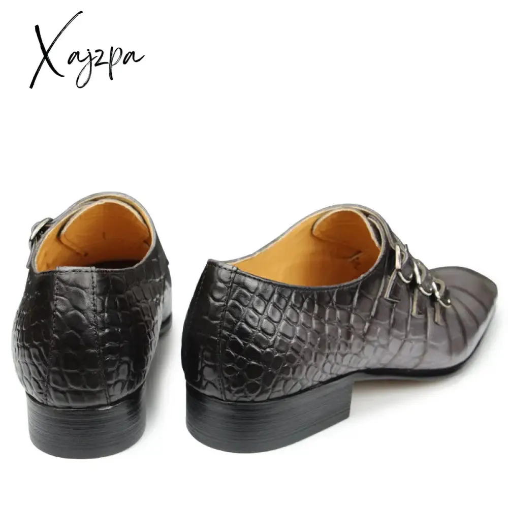 Xajzpa - Fashion Business Men Leather Shoes Crocodile Print Wedding Party Office High Grade Genuine Leather Shoes Grey Pointed Toe Loafer